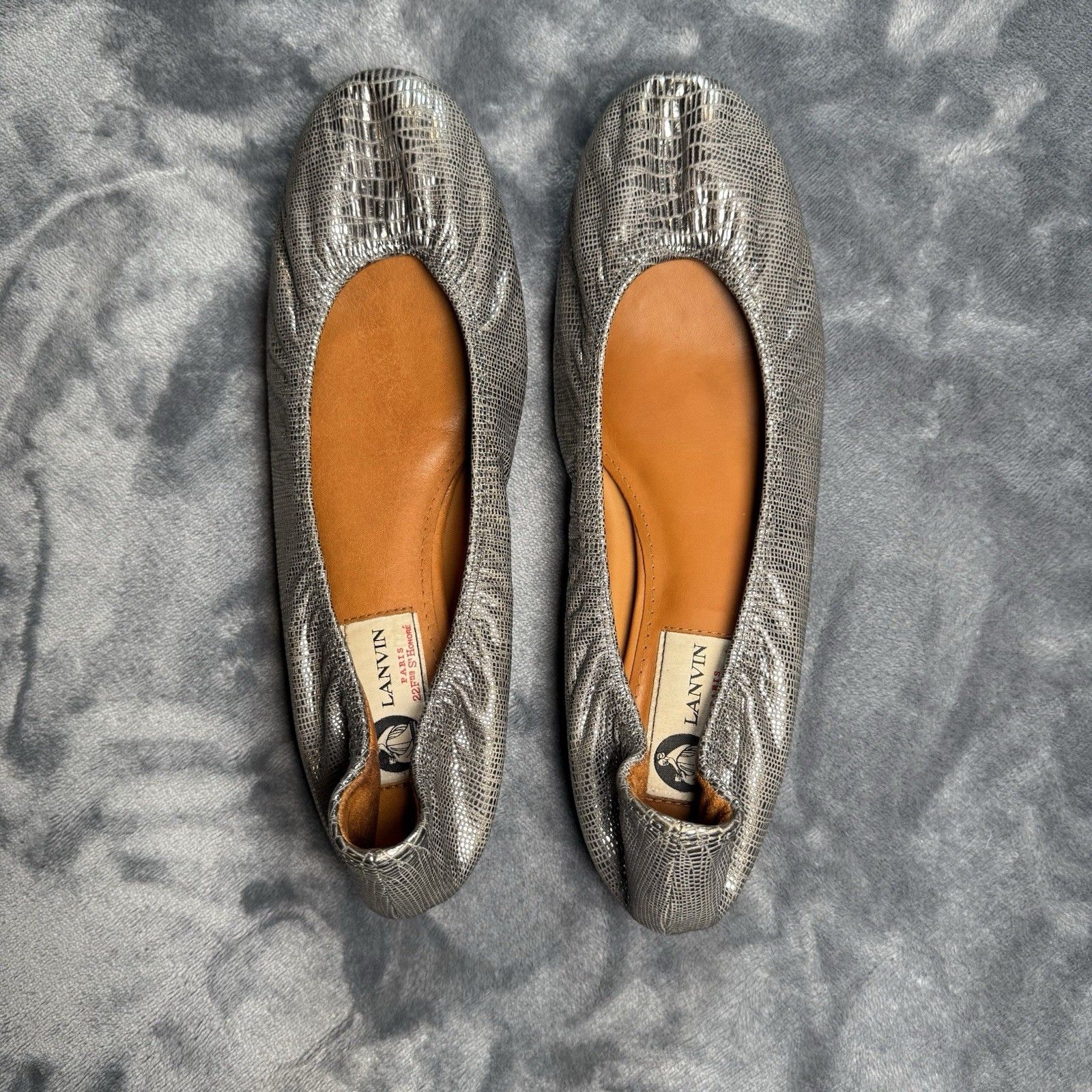 Lanvin Women's Leather Ballet Flats Silver Reptile Embossed Size 38